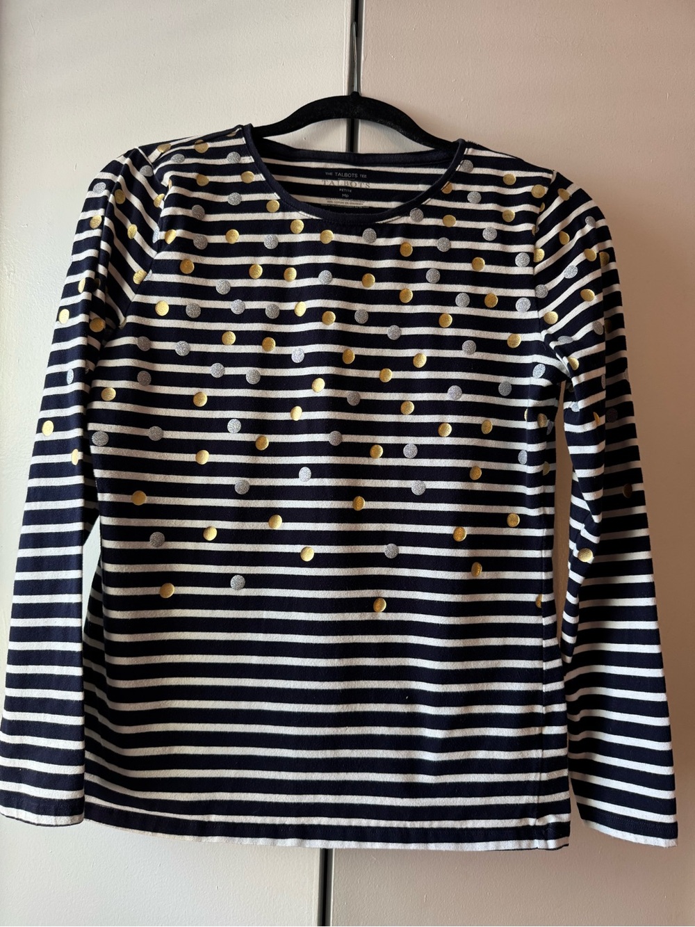 Talbots Petite Navy White Stripe Metallic Gold Silver Dot Tee MP